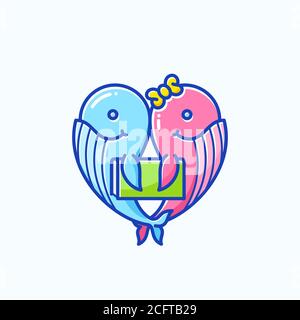 Balena o Dolphin Kids con cartello vettoriale, emblema o modello con logo. Allegro Funny Cartoon Whales Illustrazione. Illustrazione Vettoriale