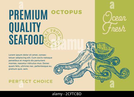 Pesce di alta qualità. Disegno o etichetta astratta del packaging vettoriale. Tipografia moderna e Silhouette Octopus disegnata a mano Layout di sfondo Illustrazione Vettoriale