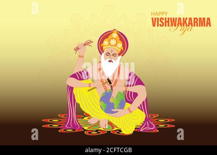 Vishwakarma Dio degli Indù, che si ritiene essere l'architetto dell'universo. Un banner per Vishwakarma Puja. Illustrazione vettoriale. Illustrazione Vettoriale