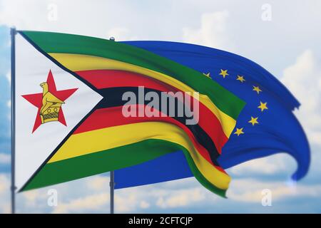 Sventolare la bandiera dell'Unione europea e la bandiera dello Zimbabwe. Vista in primo piano, illustrazione 3D. Foto Stock