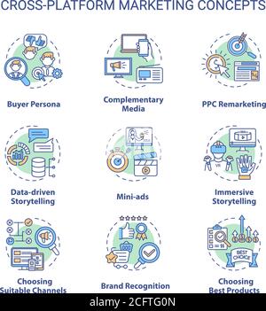 Insieme di icone di concetto di marketing multipiattaforma Illustrazione Vettoriale