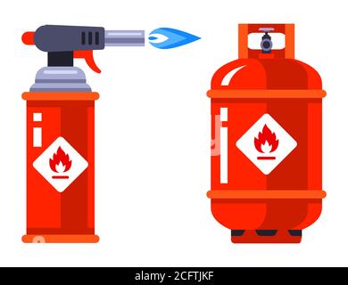 set di bruciatore a gas portatile e bombola di gas su sfondo bianco. illustrazione vettoriale piatta. Illustrazione Vettoriale