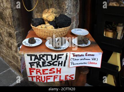 Vari tartufi in mostra in Umbria, Italia. Traduzione di vari testi italiani: Sulle tavole, tutti significa tutto. Il documento non tradotto dice Summ Foto Stock