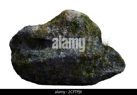 boulder ricoperto di muschio, licheni e erba, roccia isolata su sfondo bianco Foto Stock