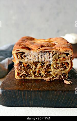 Torta di frittelle con carne e funghi su sfondo grigio. Pancake torta a forma di pane. Cucina slava. Torta di frittelle con carne e funghi su un Foto Stock