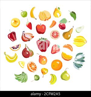 Insieme vettoriale di frutti arcobaleno isolato. Fragola intera tritata, banana pera mela arancio. Raccolta di frutta disegnata a mano Illustrazione Vettoriale