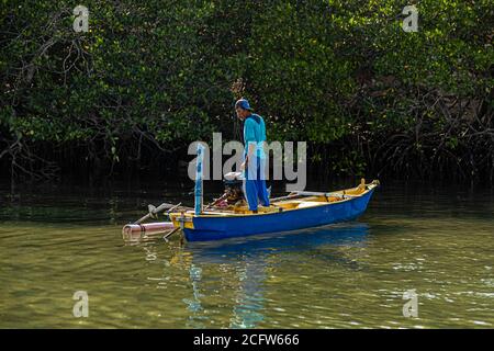 Piccolo motoscafo con improvvisato outrigger, Isole Sunda, Indonesia Foto Stock
