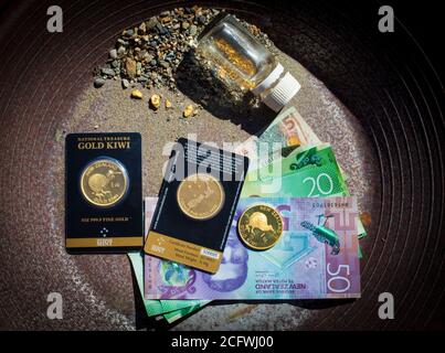 Nuova Zelanda 2020: Valuta; Oro; denaro; Nuggets. Foto Stock