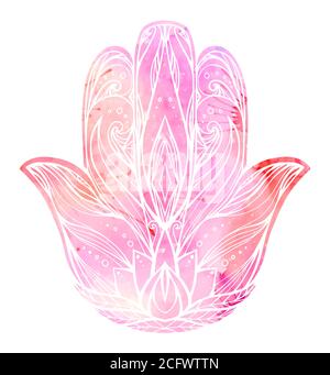 Illustrazione HAMSA con motivo boho e sfondo rosa acquerello. Mano di Buddha. Elemento vettoriale per tatuaggi, cartoncini, stampa su T-shirt. Tracciante Illustrazione Vettoriale