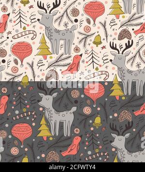 Set di motivi natalizi senza cuciture in stile rustico scandinavo. Texture vettoriali per la tua creatività Illustrazione Vettoriale