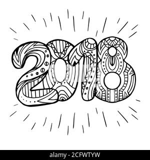 Doodle anno 2018 con modello boho. Anno nuovo. Elemento vettoriale per la vostra creatività Illustrazione Vettoriale