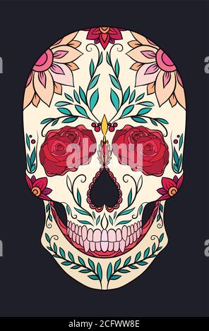 Illustrazione a colori di un cranio zuccherino. La festa del giorno dei morti. Elemento vettoriale per tatuaggio, stampa per t-shirt, carta gretong la tua creatività Illustrazione Vettoriale