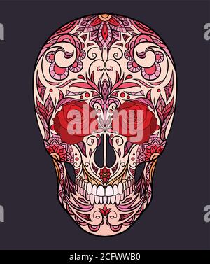 Illustrazione a colori di un cranio zuccherino. La festa del giorno dei morti. Elemento vettoriale per tatuaggio, stampa per t-shirt, carta gretong la tua creatività Illustrazione Vettoriale