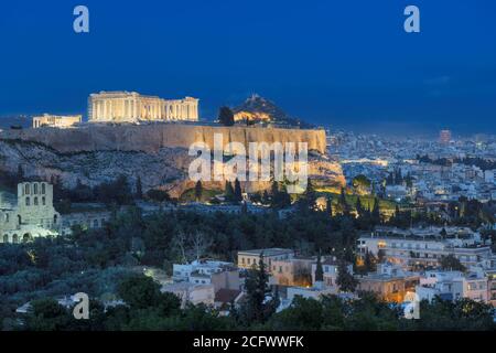 Acropoli di Atene di notte Foto Stock