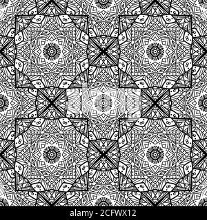 Texture senza cuciture con mandala in bianco e nero. Modello vettoriale per tessuti, sfondi, piastrelle e il tuo design Illustrazione Vettoriale