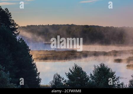 Alba e nebbia in bellissimo lago in Lituania Foto Stock