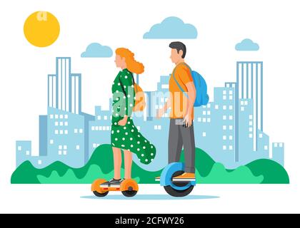 Uomo sulla ruota del monociclo. Donna con zaino a cavallo elettrico auto bilanciamento hoverboard. Il carattere hipster usa il trasporto urbano moderno. Trasporti ecologici in città. Illustrazione vettoriale piatta Illustrazione Vettoriale