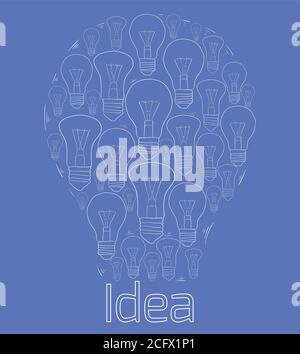 Illustrazione del contorno delle lampadine sotto forma di una lampadina grande su uno sfondo blu. Idea. Elemento vettoriale per il progetto Illustrazione Vettoriale