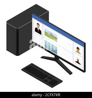 Computer che utilizza per i social media la vista isometrica isolata su sfondo bianco. Concetto di marketing Illustrazione Vettoriale