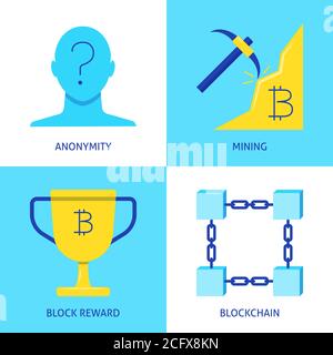 Icona di criptovaluta impostata in stile piatto. Bitcoin mining, Block reward, blockchain e simboli di anonimato. Illustrazione vettoriale. Illustrazione Vettoriale