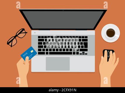 Disegno piatto dell'area di lavoro dell'ufficio con il laptop, il mouse del calcolatore di tenuta delle mani e la carta di credito. Tazza di caffè e bicchieri su un tavolo arancione. Illustrazione Vettoriale