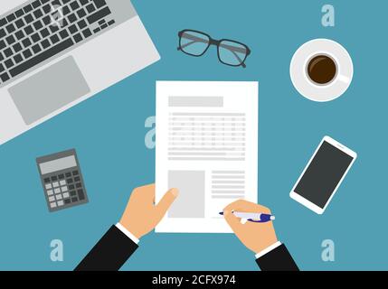 Disegno piatto dello spazio di lavoro sulla scrivania dell'ufficio. Computer portatile e occhiali con telefono cellulare. Mani di un manager che firma un documento o un contratto - vettore Illustrazione Vettoriale