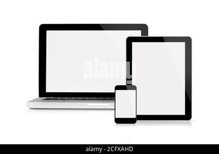 Questa è una vista frontale di MacBook Pro, iPhone e iPad Apple Inc con schermo vuoto, isolato su bianco. Foto Stock