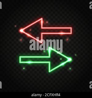 Frecce rosse e verdi al neon che puntano a sinistra e a destra. Sfondo di luce elettrica astratta. Illustrazione Vettoriale