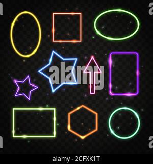 Collezione di cornici al neon colorate con spazio per il testo. Set di bordi trasparenti di luce elettrica isolati su sfondo scuro. Illustrazione Vettoriale