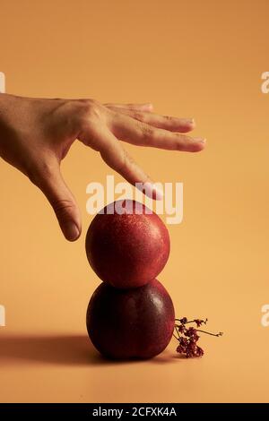 Ancora vita di due pesche su uno sfondo arancione. Foto Stock