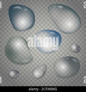 Set di gocce d'acqua realistiche e trasparenti. Gocce di liquido puro isolate. Illustrazione Vettoriale