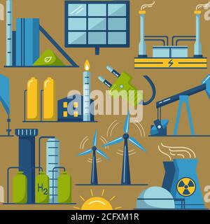 Motivo colorato senza cuciture con produzione di energia e simboli ecologici in stile piatto. Illustrazione Vettoriale
