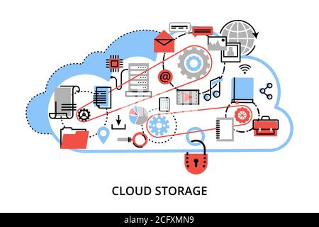 Illustrazione vettoriale dal design piatto e sottile, concetto di storage dei dati cloud remoto, tecnologie di cloud computing e protezione delle reti informatiche, fo Illustrazione Vettoriale