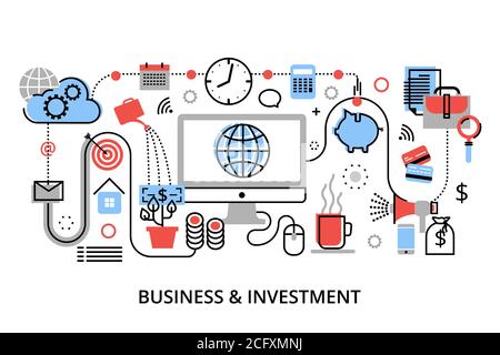 Illustrazione vettoriale di design piatto e sottile, concetto infografico di processo di investimento, mercato azionario e business internet, per grafica e web d Illustrazione Vettoriale