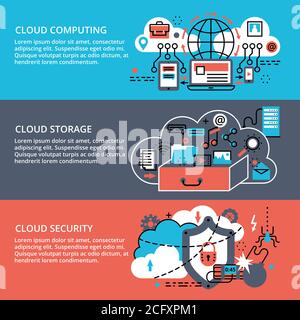 Illustrazione vettoriale del design piatto e sottile, set concettuale di storage dati cloud remoto, tecnologie di cloud computing e protezione delle reti cloud Illustrazione Vettoriale