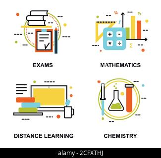 Illustrazione vettoriale di design piatto e sottile, insieme di concetti didattici, esami e processo di apprendimento a distanza, per la grafica e il web design Illustrazione Vettoriale