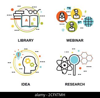 Illustrazione vettoriale del design piatto e sottile, insieme di concetti didattici, libreria, webinar e processo di ricerca, per la grafica e il web design Illustrazione Vettoriale