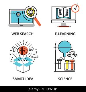 Illustrazione vettoriale, insieme di concetti, ricerca web, e-learning e idea intelligente per il design grafico e web Illustrazione Vettoriale