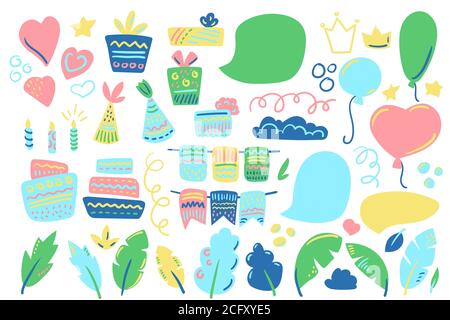 Festa di compleanno vettore clipart su sfondo bianco. Decorazioni colorate in stile b-day per baby shower o feste di compleanno per bambini. Cappello da festa, bolla speeck, nastro banne Illustrazione Vettoriale