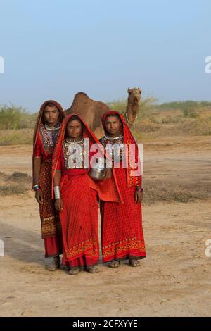 Fakirani donne in stoffa tradizionale con una brocca di acqua, grande Rann di Kutch deserto, Gujarat, India Foto Stock