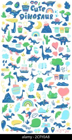 Graziosi dinosauri ed elementi naturali clipart. Set di decorazioni per feste con dinosauri. Decorazioni per compleanno o doccia per bambini. Dinosauro divertente e natura preistorica Illustrazione Vettoriale