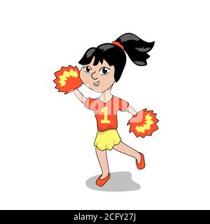 Cheerleader ragazza cartoon illustrazione vettoriale su sfondo bianco. Abbigliamento sportivo femminile rosso giallo. Mascotte per bambina isolata. Cheerleader ballare con p Illustrazione Vettoriale