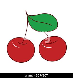 Due ciliegie rosse con foglia verde. Illustrazione vettoriale con tratto. Ciliegia di frutti maturi, carino design infantile semplice. Ciliegie con contorno scuro Illustrazione Vettoriale