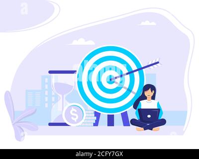 Selezione del target raggiunta. Concetto di business Achievement Measurement e Grow Goals per Web Banner immagini infografiche. Illustrazione piatta. Illustrazione Vettoriale
