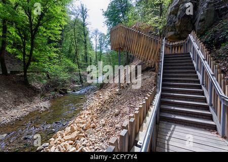 Europa, Lussemburgo, Grevenmacher, Mullerthal Trail con gradini sopra la cascata di Schiessentumpel Foto Stock