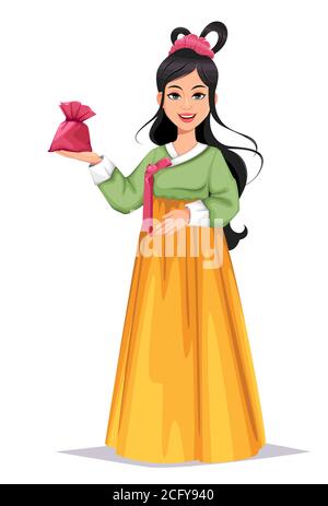 Bella donna coreana. Chuseok Hangawi, giorno del Ringraziamento coreano, festival di metà autunno. Illustrazione vettoriale su sfondo bianco Illustrazione Vettoriale