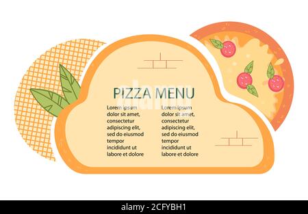 Modello di menu pizza o design mockup per pizzeria e caffè di cucina italiana, ristorante con colorato segno pizza. Illustrazione Vettoriale