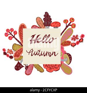 Ciao lettera autunnale con foglie, bacche e funghi carta o poster. Illustrazione Vettoriale