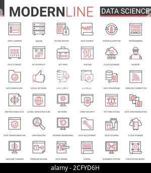 Set di illustrazioni vettoriali con simboli vettoriali di data science sottile linea rossa nera raccolta di tecnologie scientifiche in sistemi di archiviazione di database, sicurezza informatica della connessione di rete Illustrazione Vettoriale