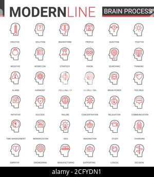 Cervello processo piatto sottile rosso nero linee icone vettoriale illustrazione insieme con l'elaborazione della mente umana in apprendimento, brainstorm pensiero o ricerca di successo idea, empatia e psicologia sociale, creatività Illustrazione Vettoriale